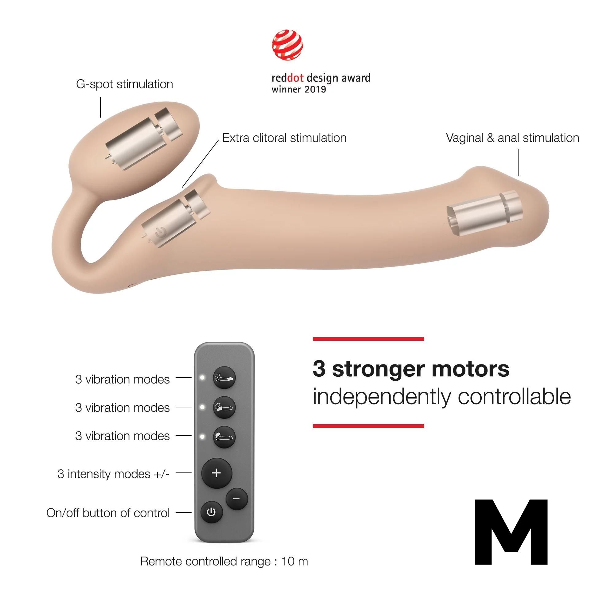 Гибкий страпон Strap-on-me с вибрацией, с 3-мя моторами, телесный, размер M_8