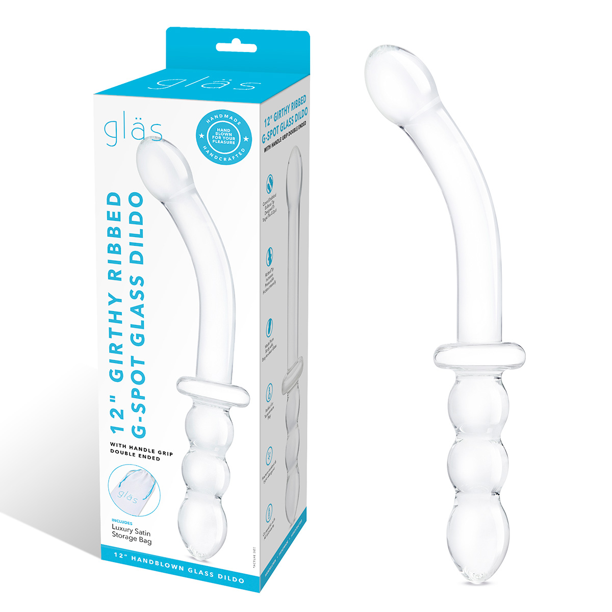 Фаллоимитатор двусторонний 12 in Girthy Ribbed G-Spot Glass Dildo With Handle Grip Double Ended_2