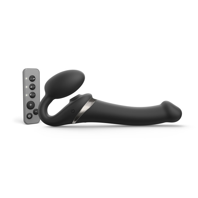 Гибкий страпон Strap-on-me MULTI ORGASM с имитацией оральных ласк и вибрацией, черный, M_1