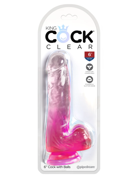 Прозрачный фаллоимитатор с мошонкой на присоске King Cock Clear 6, розовый_2