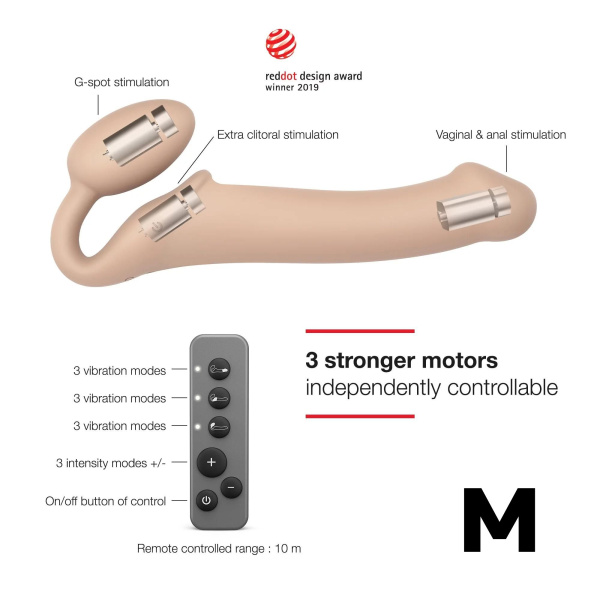 Гибкий страпон Strap-on-me с вибрацией, с 3-мя моторами, телесный, размер M_8
