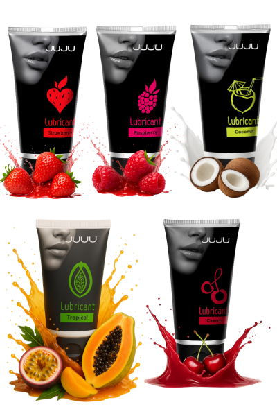 Сет съедобных лубрикантов JUJU: клубника, малина, тропические фрукты, вишня, кокос, 5х50ml 769JU_1
