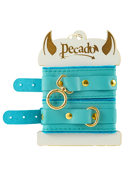 Оковы Pecado BDSM, «МИНИ» двуслойный, оригинальная сцепка, натуральная кожа, голубой_5