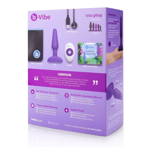 Анальная премиум-пробка с 3 моторами B-Vibe Trio Plug PURPLE_2