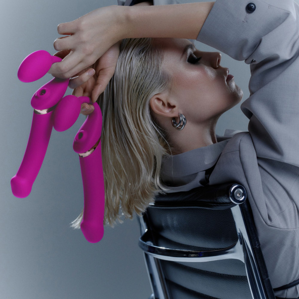 Гибкий страпон Strap-on-me MULTI ORGASM с имитацией оральных ласк и вибрацией, фуксия, L_3