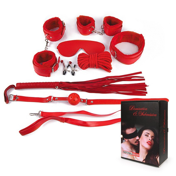 КОМПЛЕКТ (наручники, оковы, маска, кляп, плеть, ошейник с поводком, верёвка, зажимы для сосков) цвет_1