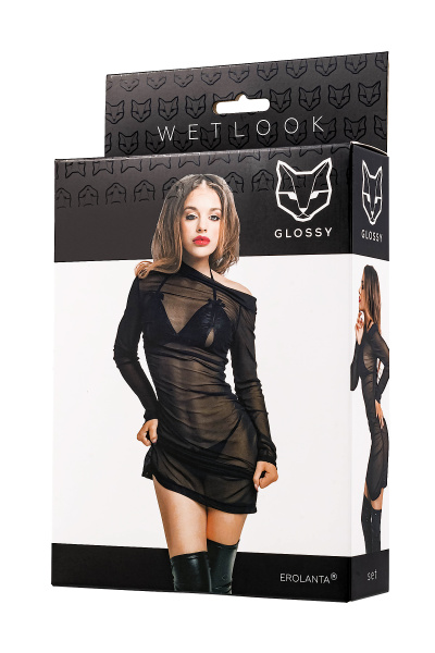 Комплект Glossy Sheril платье сетка, лиф и трусики из материала Wetlook, черный, S_5