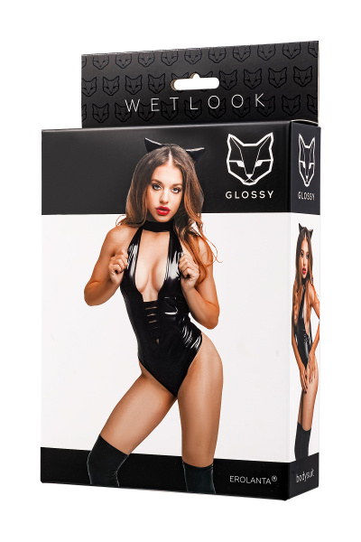 Боди Glossy Kitti с ушками на ободке из материала Wetlook, черное, S_5