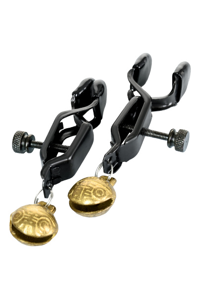 Зажимы для сосков TOYFA Theatre, металл, черный с золотистым колокольчиком_4