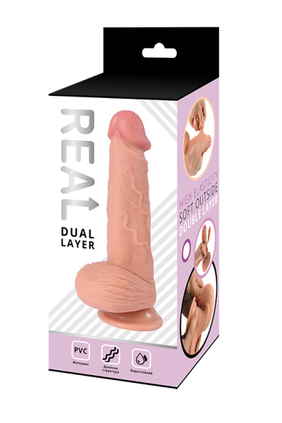 Реалистичный фаллоимитатор REAL Dual Layer с мошонкой на присоске, dual PVC, 14х4 см._1