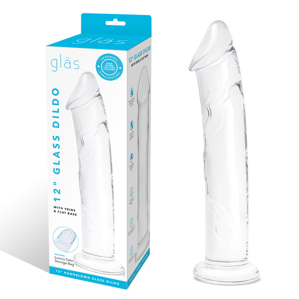 Рельефный большой стимулятор из стекла 12 in Glass Dildo With Veins & Flat Base_2