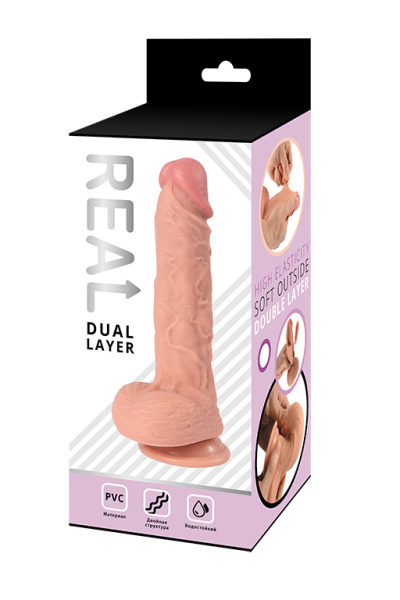 Реалистичный фаллоимитатор REAL Dual Layer с мошонкой на присоске, dual PVC, 17х4 см._1