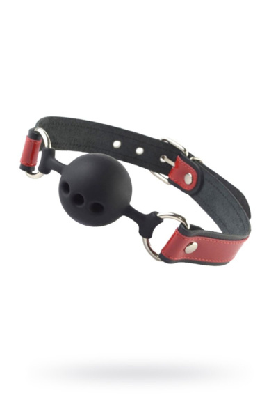 Силиконовый кляп-шар с ремешками из натуральной кожи черного цвета с отверстиями_1