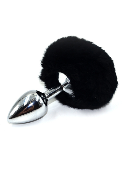 Серебристая анальная пробка с черным заячьим хвостиком (Small)_1