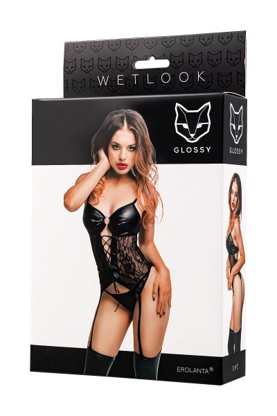 Комплект Glossy Miriam топ на шнуровке и трусики из материала Wetlook, черный, S_5