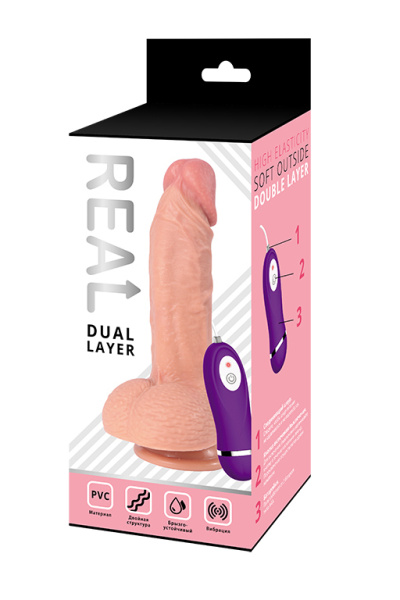 Реалистичный фаллоимитатор REAL Dual Layer с вибрацией  пультом управления, dual PVC, 15,5х4,6 см._1