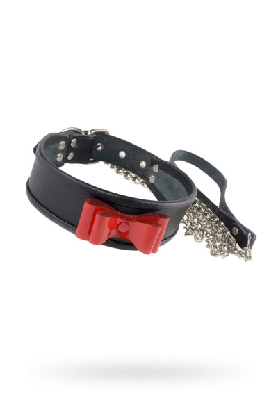 Кожаный Ошейник с красным бантиком из лаковой кожи_1