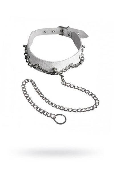 Белый кожаный ошейник с поводком_1