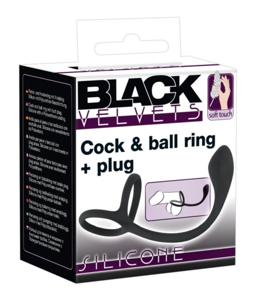 Эрекционное кольцо с утяжкой на мошонку + анальный плаг Black Velvets Cock & Ball Ring + Plug_1