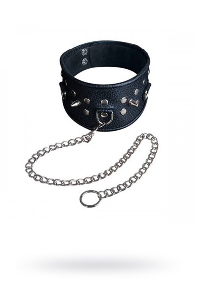 Черный кожаный широкий ошейник с поводком_1