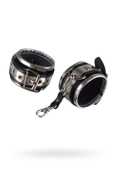 Наручники из натуральной черной кожи, с декоративной серебристой отделкой_1