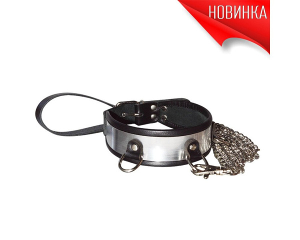 Ошейник со вставкой, имитирующей металл с поводком_1