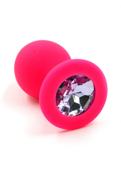 Розовая анальная пробка из силикона с нежно-розовым кристаллом (Medium)_1