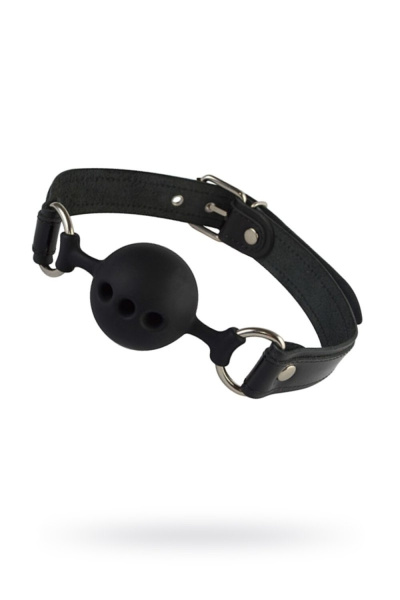 Силиконовый кляп-шар с ремешками из натуральной кожи черного цвета с отверстиями черный_1
