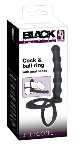 Ребристая насадка для двойного проникновения с подхватом мошонки Black Velvets Cock & Ball ring_1