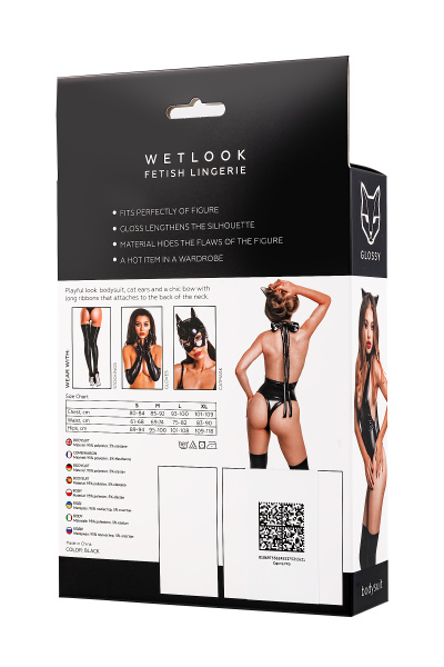 Боди Glossy Kitti с ушками на ободке из материала Wetlook, черное, S_6