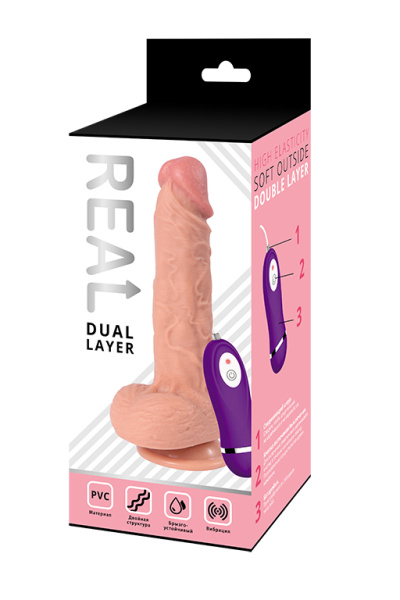 Реалистичный фаллоимитатор REAL Dual Layer с вибрацией  пультом управления, dual PVC, 17х4 см._1